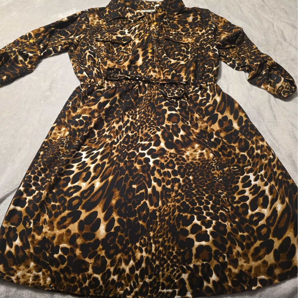 Animal Print Dress MPH Collection Tie Waist Roll Tab Sleeve Sz L Mob Wife